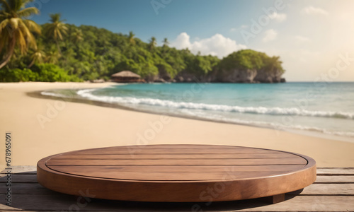 Empty wooden round platform on the table top with tropical beach background