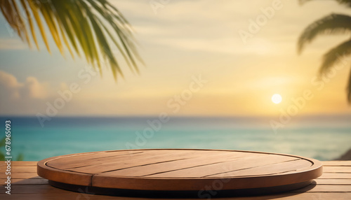 Empty wooden round platform on the table top with tropical beach background © ณรงค์วิทย์ สุขใจ