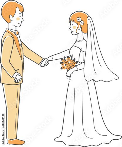 結婚式イラスト、向かい合って手を取る新郎新婦