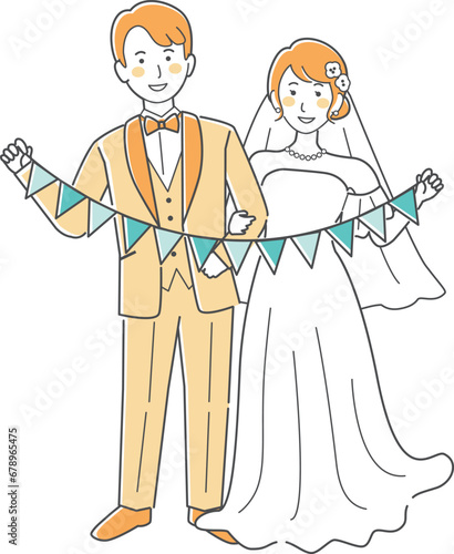 結婚式イラスト、ガーランドを持つ新郎新婦