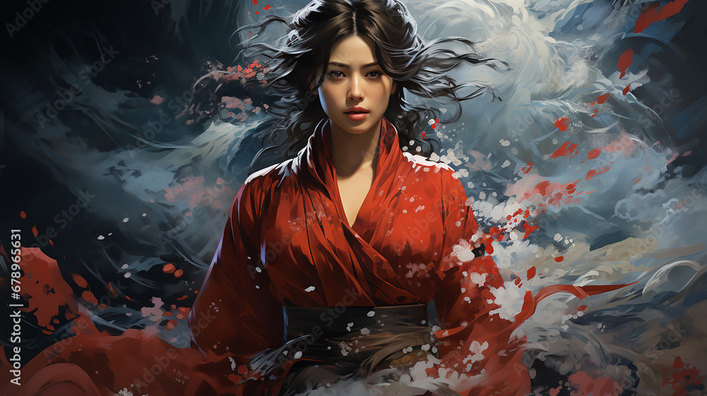 Porträt einer schönen jungen Frau in einem roten Kimono.