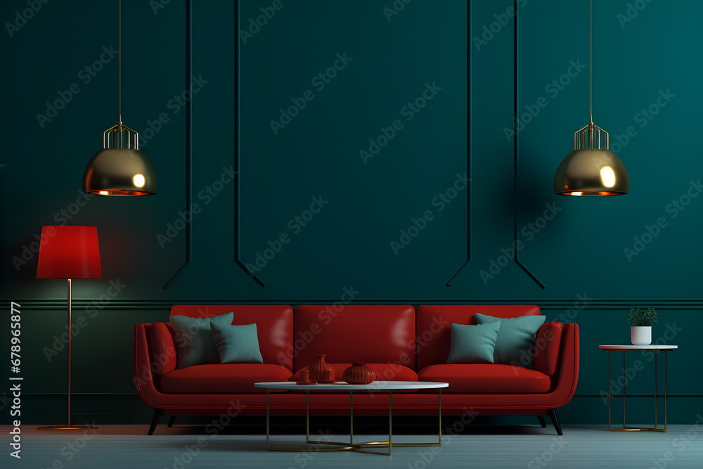 Modern living room red sofa and red lamps in a room with teal wall, in the style minimal of dark teal and dark green, earthy color palettes Modern living room red sofa and red lamps in a room with teal wall, in the style minimal of dark teal and dark green, earthy color palettes