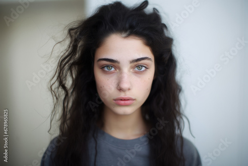 Sad teenage girl with gorgeous eyes looking at the camera photo
