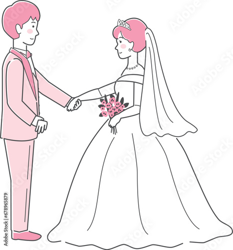 結婚式イラスト、向かい合って手を取る新郎新婦