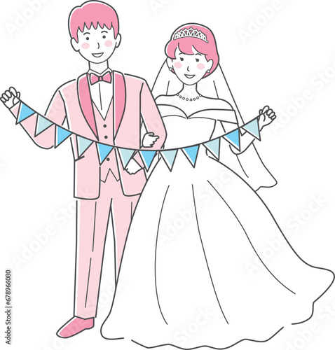 結婚式イラスト、ガーランドを持つ新郎新婦