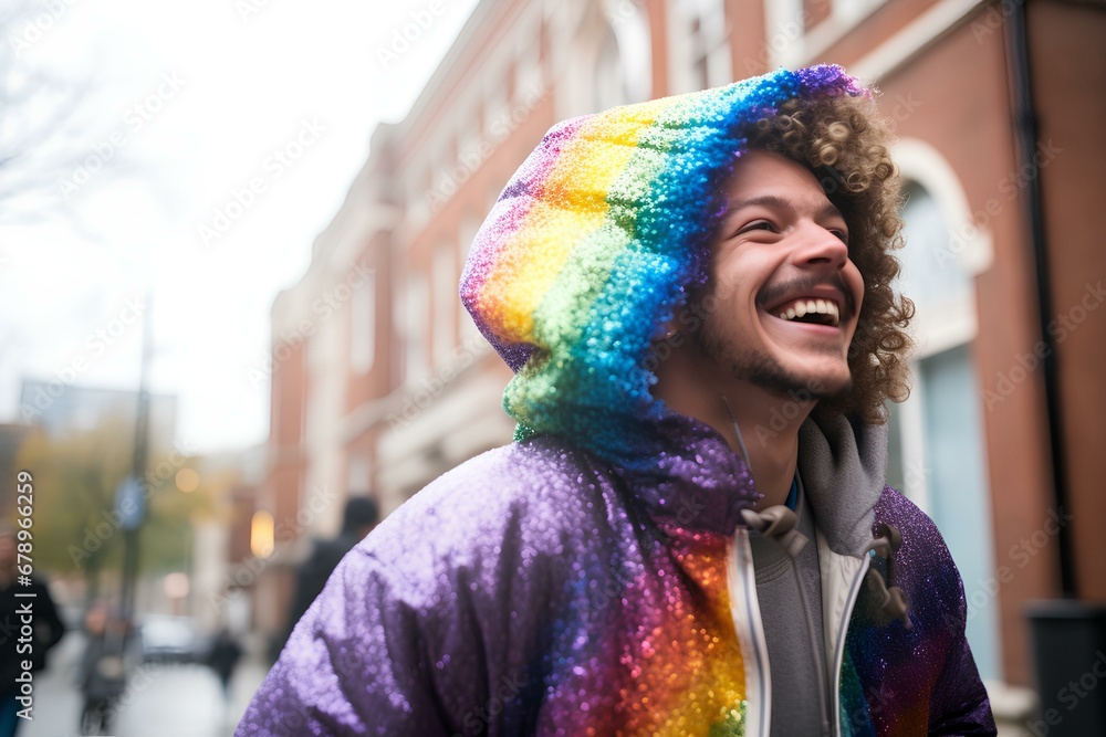 man is in a rainbow hoodie moving and smile, movement and spontaneity, london street background. generative AI