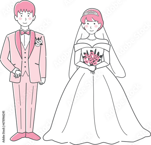 結婚式イラスト、正面を向いて並ぶ新郎新婦