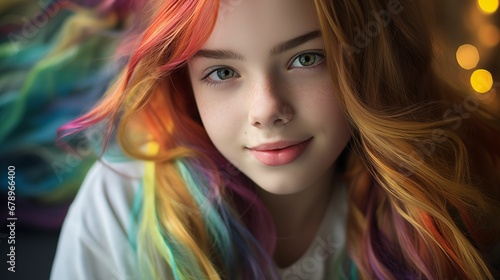 Personality image of a young girl with rainbow colored hair.