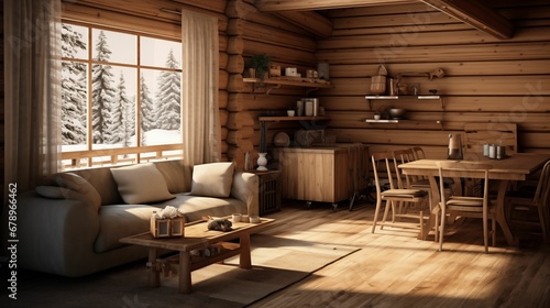 Minimalist interior of a wooden log house.