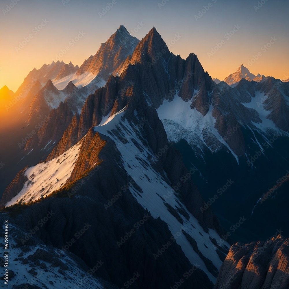 Snow-capped mountain peaks at dawn under a colorful sky
