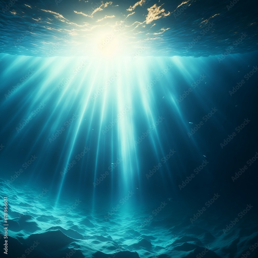 Sun rays streaming underwater in the ocean depths
