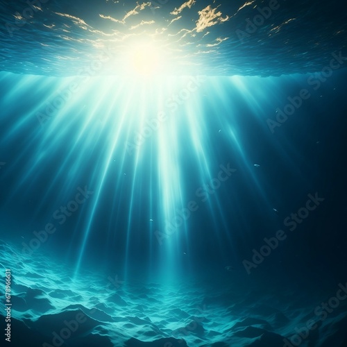 Sun rays streaming underwater in the ocean depths 
