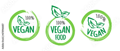 vegan food green round logo set icon label vector illustration