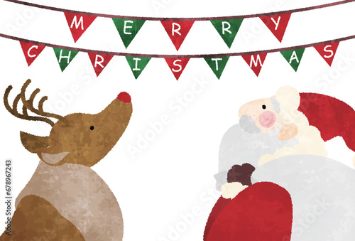 ほっこりかわいいクリスマス 　手描き風　メリークリスマス　見上げるサンタとトナカイ