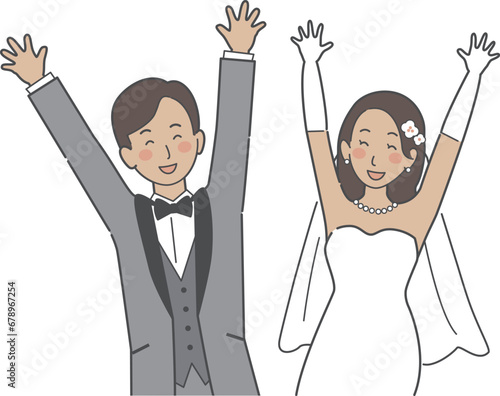 結婚式イラスト、バンザイをして喜ぶ新郎新婦