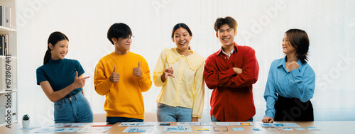 Panoramic banner young happy asian startup company employee wearing colorful casual wear stand in line together symbolize creative teamwork, job employment, HR agency recruitment. Synergic