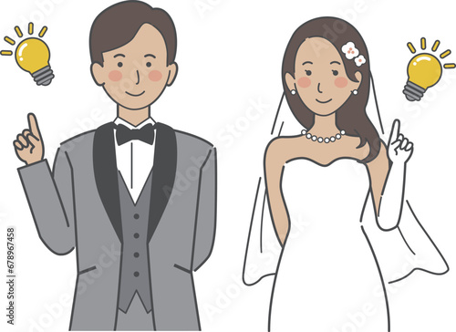 結婚式イラスト、電球、アイデアを思いつく、ひらめく新郎新婦
