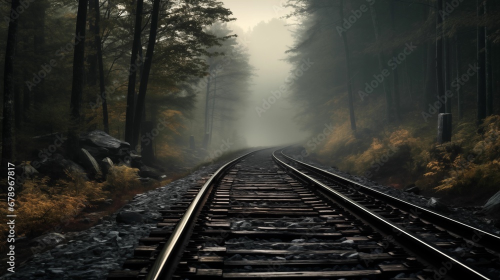 Fototapeta premium Image of railway tracks, mist-covered forest.