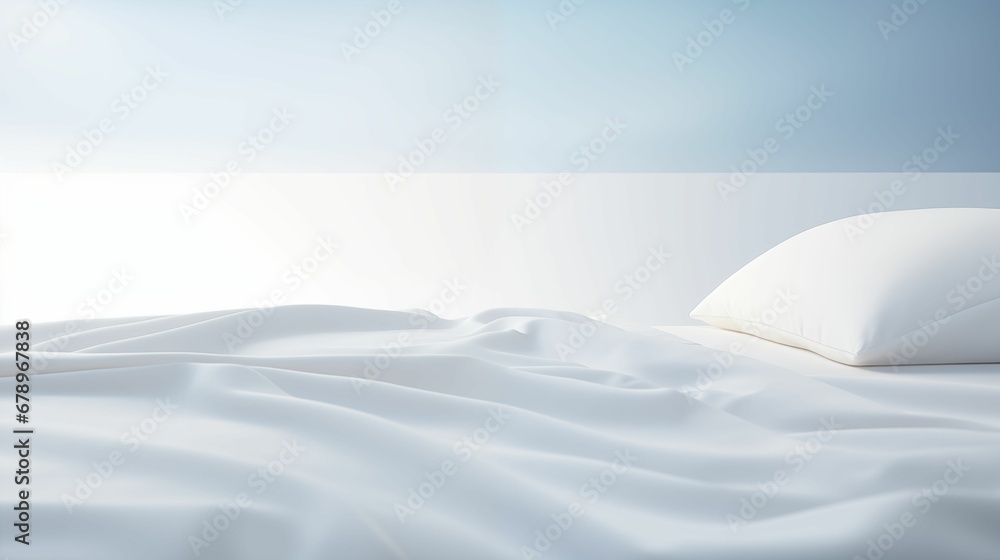 Image of snow-white bed on a white background. - obrazy, fototapety, plakaty 