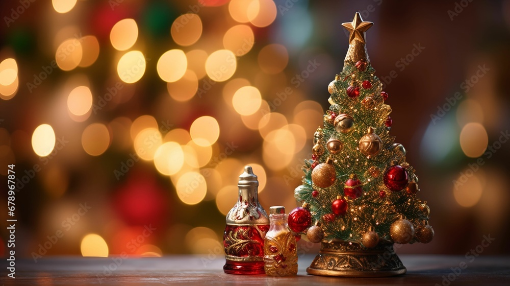 Image of miniature Christmas tree adorned with tiny ornaments and sparkling lights.