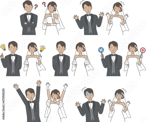 結婚式イラスト、上半身の新郎新婦、表情バリエーションセット