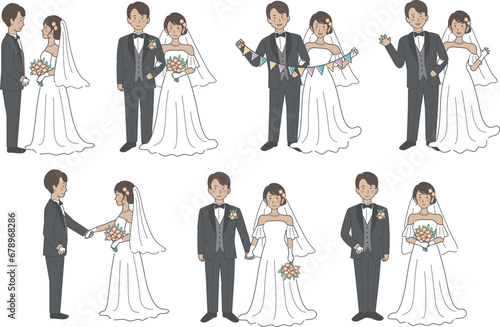 ウェディングドレス、タキシード、新郎新婦、全身、結婚式イラストバリ