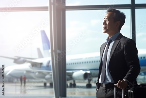 Middle aged Asian man waits for the boarding announcement for his flight while watching planes land and take off through a large panoramic window in the airport terminal. photo