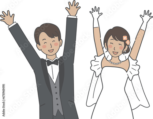 結婚式イラスト、バンザイをして喜ぶ新郎新婦