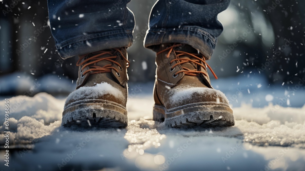 Image of falling snow, lower body in rough boots and jeans. Image of falling snow, lower body in rough boots and jeans.