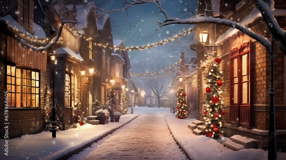 Image of gentle snowfall on a cozy street adorned with twinkling Christmas lights.