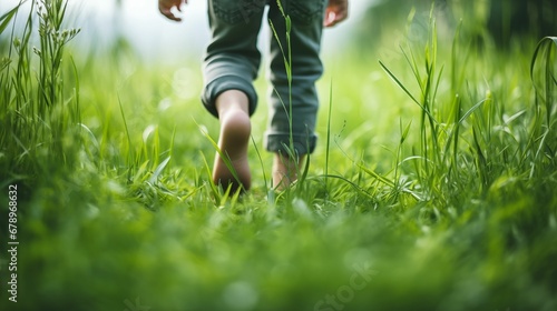 Image of bare feet of a child standing on green grass. © kept