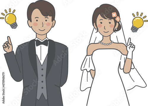 結婚式イラスト、電球、アイデアを思いつく、ひらめく新郎新婦