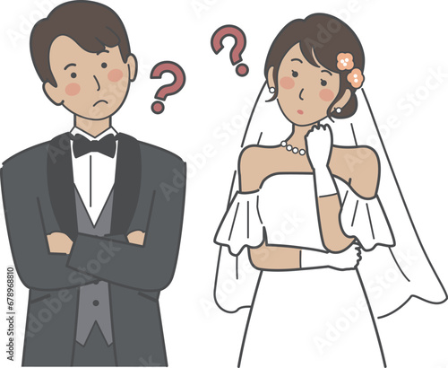 結婚式イラスト、ウエディング、悩む新郎新婦