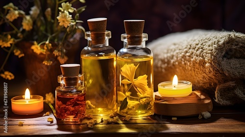 Massage oils on a wooden tableMassage oils on a wooden table