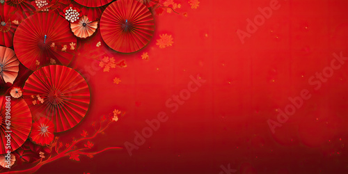 chinese lanterns with fan background on a red background with big copyspace area © Kien