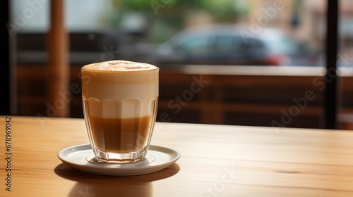 hot, fresh coffee in a cozy, sunny latte coffee put on table in cafe restaurant, drink breakfast in the morning milk latte with coffee foam in glass mug with ingredients free copy space