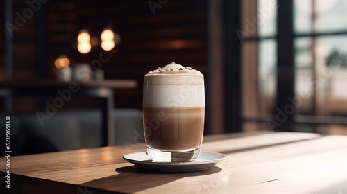 hot  fresh coffee in a cozy  sunny latte coffee put on table in cafe restaurant  drink breakfast in the morning milk latte with coffee foam in glass mug with ingredients free copy space