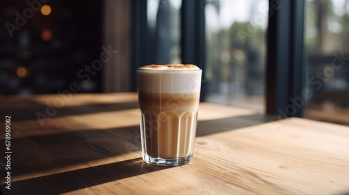 hot, fresh coffee in a cozy, sunny latte coffee put on table in cafe restaurant, drink breakfast in the morning milk latte with coffee foam in glass mug with ingredients free copy space photo