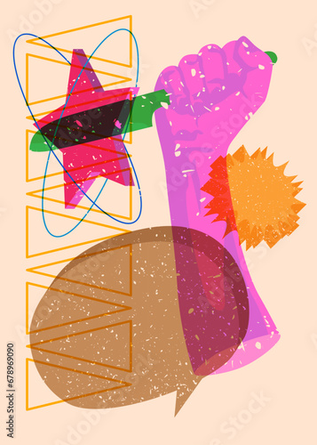 Risograph Kitchen Knife in hand with speech bubble and geometric shapes. Scary murderer object in trendy riso graph print texture style design with geometry elements.