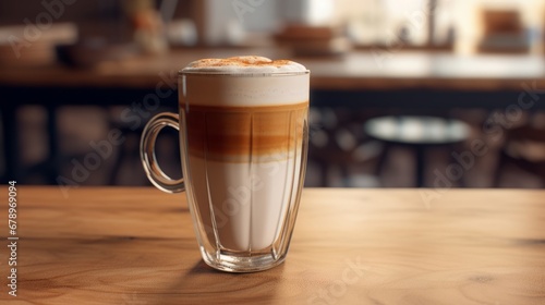 hot  fresh coffee in a cozy  sunny latte coffee put on table in cafe restaurant  drink breakfast in the morning milk latte with coffee foam in glass mug with ingredients free copy space