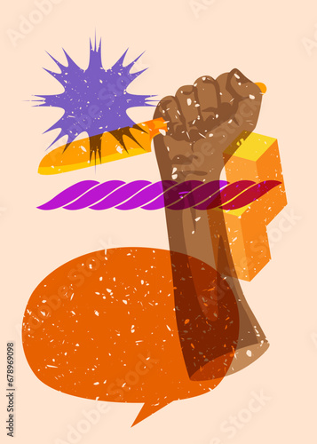 Risograph Kitchen Knife in hand with speech bubble and geometric shapes. Scary murderer object in trendy riso graph print texture style design with geometry elements.