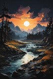 Painting of a sundown scene with a river, trees and mountains