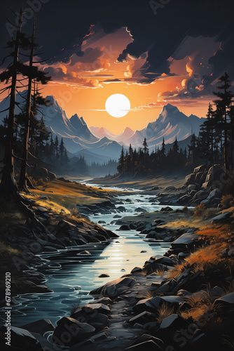 Painting of a sundown scene with a river, trees and mountains
