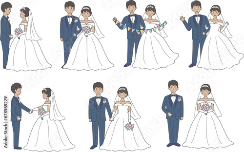 ウェディングドレス、タキシード、新郎新婦、全身、結婚式イラストバリ