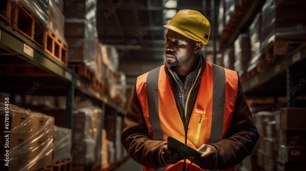 Image of an African man working in a warehouse. Image of an African man working in a warehouse.