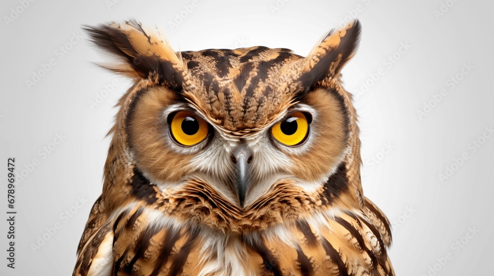 Image of an owl's face on a white background. Image of an owl's face on a white background.