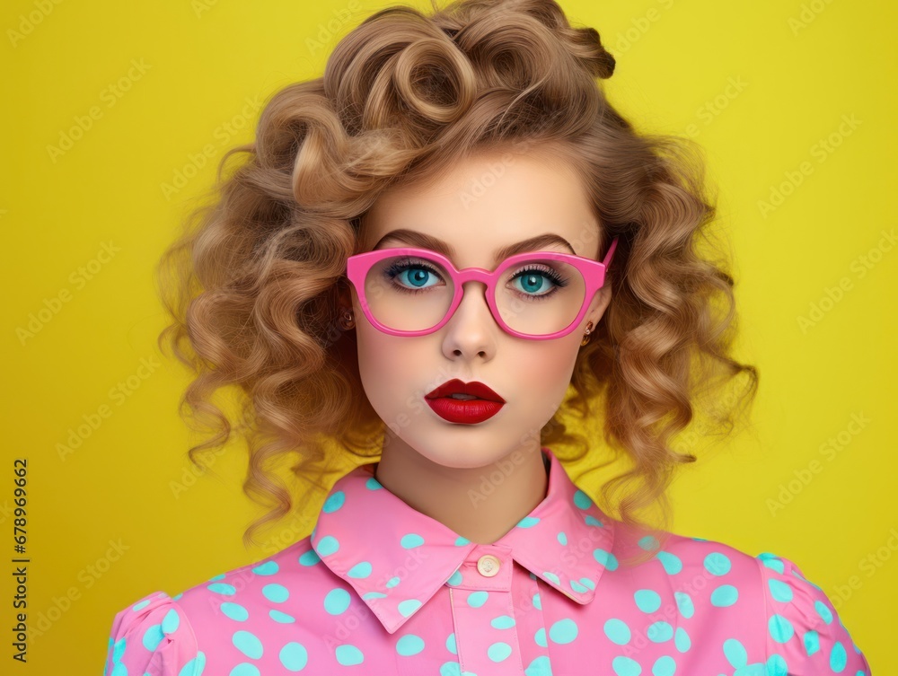 Stylish Woman Rocking Pink Glasses and Polka Dot Shirt Generative AI