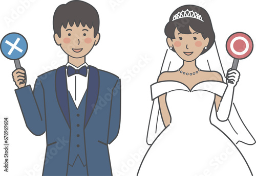 結婚式イラスト、マルとバツの札を持つ新郎新婦