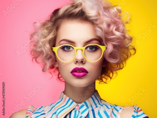 Woman with Blonde Hair and Yellow Glasses Generative AI