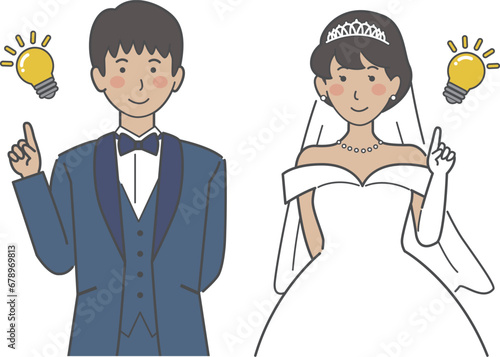 結婚式イラスト、電球、アイデアを思いつく、ひらめく新郎新婦